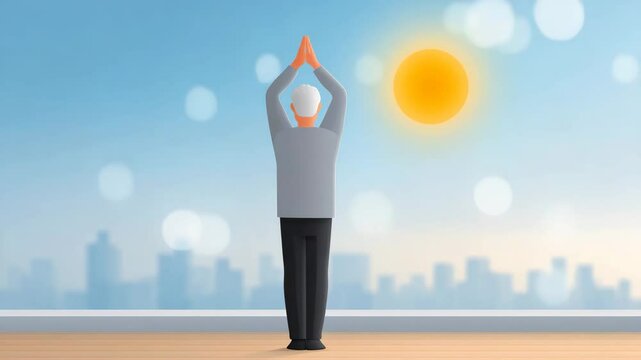 Urban serenity: Witness an older person practicing yoga on a rooftop, merging tranquility with a panoramic city view, evoking a sense of balance and wellness. 