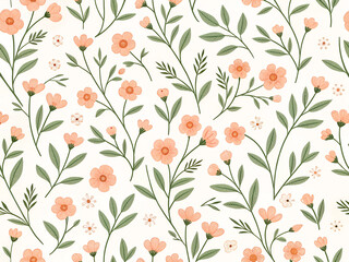 Floral seamless pattern with pink rose buds on a pink background. A floral pattern with pink flowers and green leaves. The flowers are scattered throughout the pattern.