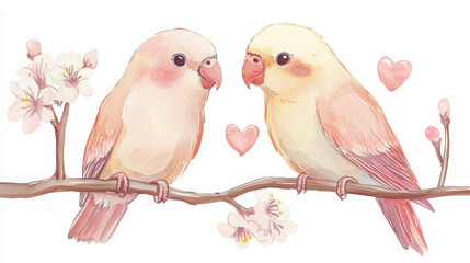 A watercolor illustration of two lovebirds perched on a branch, surrounded by cherry blossoms and hearts, radiating warmth and affection.