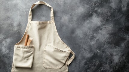 Cream apron with pockets and wooden utensils on a dark gray background.
