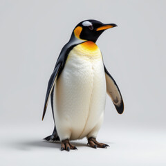 Obraz premium Close up of penguin standing on plain background, showcasing its colorful plumage and distinctive markings with calm and curious expression