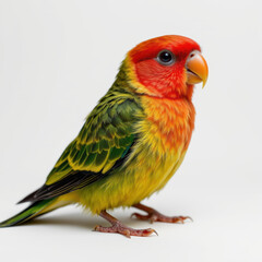Obraz premium Colorful bird with vibrant red, orange, yellow, and green feathers, perched on white background, showcasing its bright plumage and curious expression