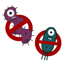 No Germs Allowed - Purple and Green Bacteria on white background.