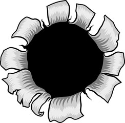 A bullet hole metal paper rip gun shot through wall