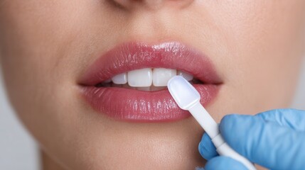 Naklejka premium Teeth cosmetic beauty dentist care gum teeth Close-up of a person applying dental treatment to their lips.