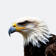 Obraz premium Detailed close up of majestic eagle head with sharp features and intense gaze, showcasing its white head feathers, yellow beak, and dark brown body feathers, against plain light background