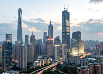 Observation urban building business steel. A city street with a tall building in the background. The building is a large office building with a lot of windows. The sky is clear