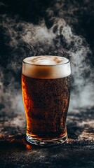 Refreshing Beer Glass Closeup, Bubbles Detail, Textured Background with Fog Effects