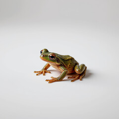 Fototapeta premium Close up of vibrant green frog with orange legs on plain white background, showcasing detailed skin texture and large eyes, evoking curiosity and natural beauty
