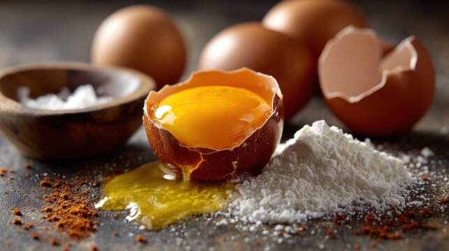 Eggs flour and salt on a dark surface with one egg cracked open.