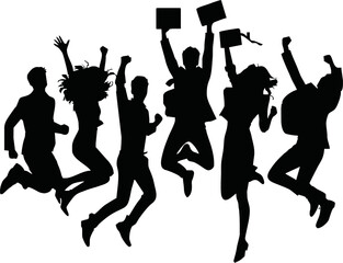 Vector silhouette of a group of young professionals jumping or celebrating together, startup team success, minimal black shapes, for business and innovation themes