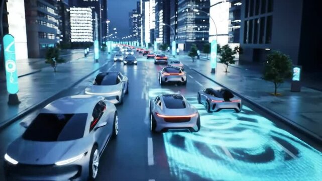 Futuristic electric cars on chargeable smart roads &ndash; animated concept of EV mobility and high-tech transportation future

