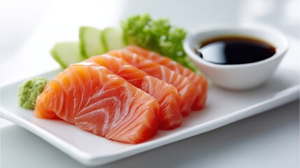 Salmon sashimi slices with soy sauce and cucumber on a white plate.