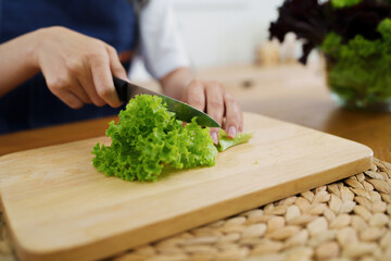 Happy young asian woman standing in kitchen and cooking healthy food. cook vegetable salad. Vegan Dieting Concept