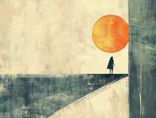 Shadow figure standing on the edge under a bright sun with textured background and contrasting elements