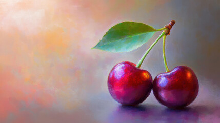 A beautifully painted still life of two cherries with a lush green leaf, set against a soft pastel background.
