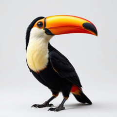 Colorful toucan with large orange beak and black and white feathers standing white background, showcasing its vibrant plumage and striking appearance, evoking sense of exotic wildlife and nature