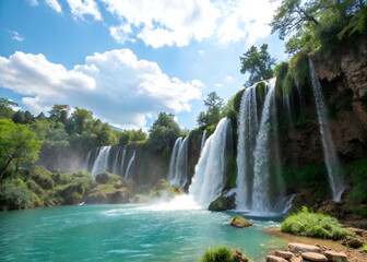 Fototapeta premium A beautiful waterfall surrounded by trees and a clear blue river. The water is calm and peaceful. A photo of a natural waterfall with multiple cascades of water flowing down the rocky cliff face.