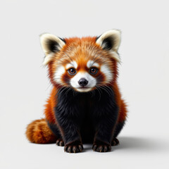 Obraz premium Realistic and adorable red panda cub sitting on plain background, showcasing its fluffy fur and expressive eyes, evoking sense of curiosity and innocence