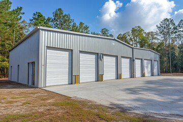 white metal commercial building with multiple white garage doors
