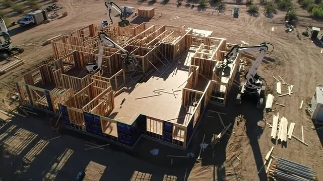 Robots building modern home using automated construction technology – future of smart housing and building innovation

