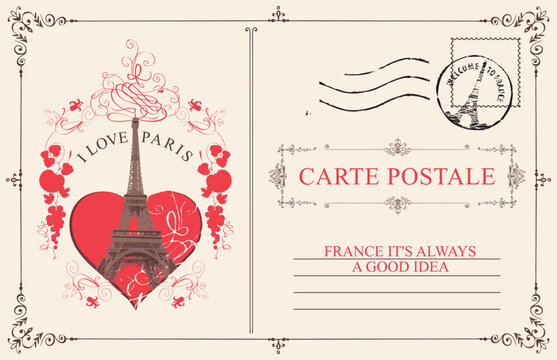 Vector travel, greeting card with heart sign, Eiffel Tower in Paris, France. Or vintage style postal envelope with pink roses and words I love Paris. Valentine on Valentine's Day. No AI used