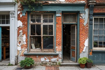 Charming Heritage Style Storefront with Vintage Brick Walls and Antique Windows in Vibrant Urban Neighborhood