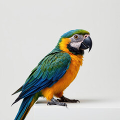 Obraz premium Colorful parrot with vibrant green, blue, yellow, and orange feathers perched on white surface, showing lively and cheerful expression against plain background