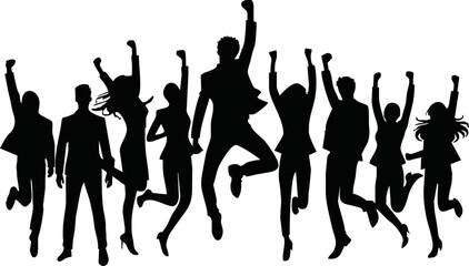 Vector silhouette of a group of young professionals jumping or celebrating together, startup team success, minimal black shapes, for business and innovation themes