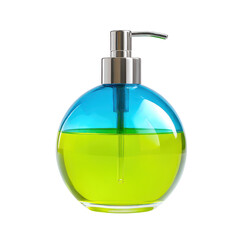 Soap dispenser with blue top and green liquid filling on transparent background