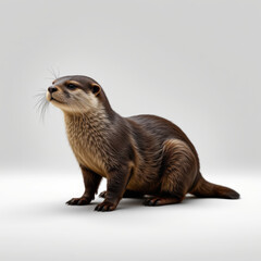 Realistic digital rendering of otter with detailed fur texture, sitting on plain light background, showcasing calm and curious expression