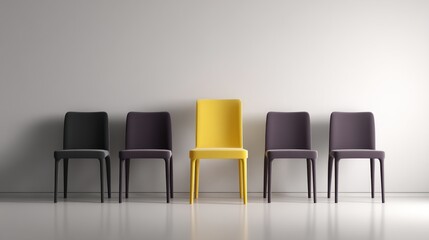 Five chairs stand in a row one yellow chair among four dark chairs.