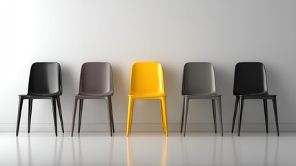 Five chairs stand against a white wall one chair is bright yellow.
