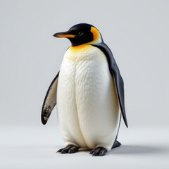 Obraz premium Solitary penguin standing on plain surface with neutral background, showcasing its black, white, and yellow plumage, with calm and composed expression