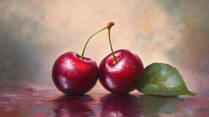 A beautiful painting of two shiny cherries with a green leaf, set against a subtle pastel backdrop.