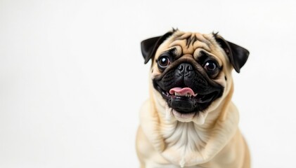 Playful pug looking at camera, white background, image, domestic, animals