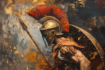 Spartan warrior charges into battle with spear and shield, showcasing bravery and strength in a dynamic oil painting