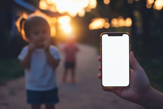 Woman using glowing smartphone while child plays in background - Powered by Adobe