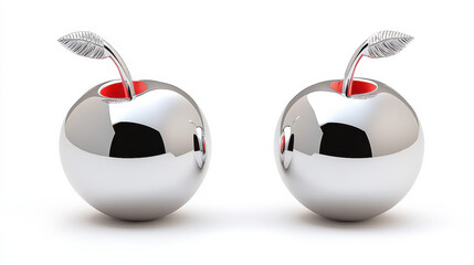 Two shiny chrome apples with vibrant red interiors and green leaves, creating a modern and artistic aesthetic.