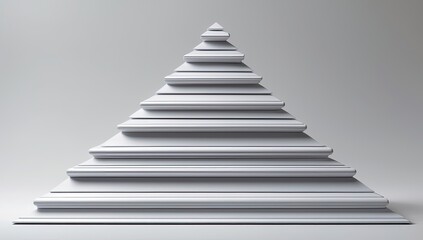 A Pyramid-Like Structure Made of Multi-Layered Rectangular Slabs with a Glossy Surface Reflecting Light, Creating a Geometric Symmetry Effect