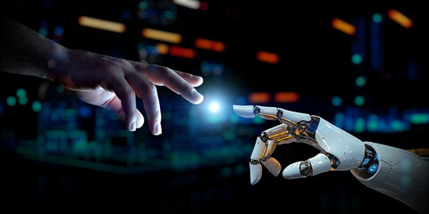 Man hand connecting to a robot on dark tech background with a blue halo at center. Generative ai cyborg hand