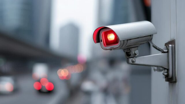 Security camera monitors city surveillance, ensuring law enforcement and public safety with modern technology