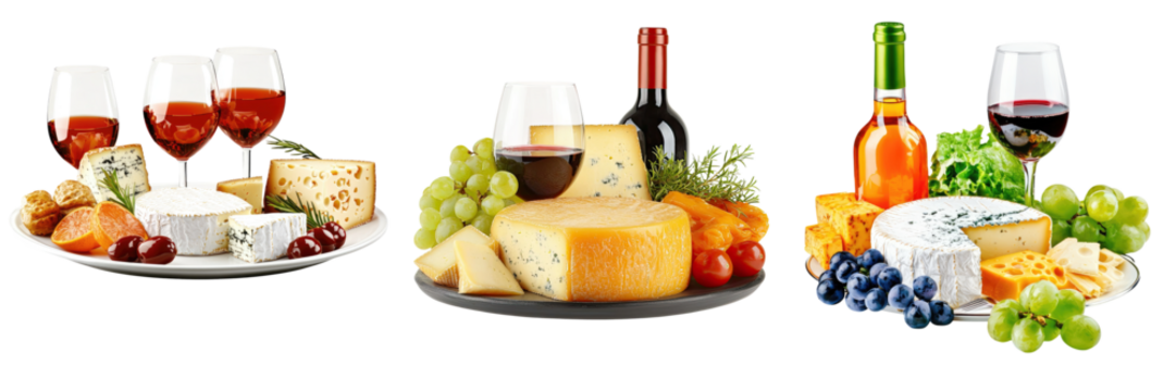 Assorted cheeses and wines on platters with fruits and accompaniments.