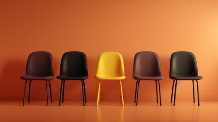 Five chairs stand against an orange wall one chair is yellow.