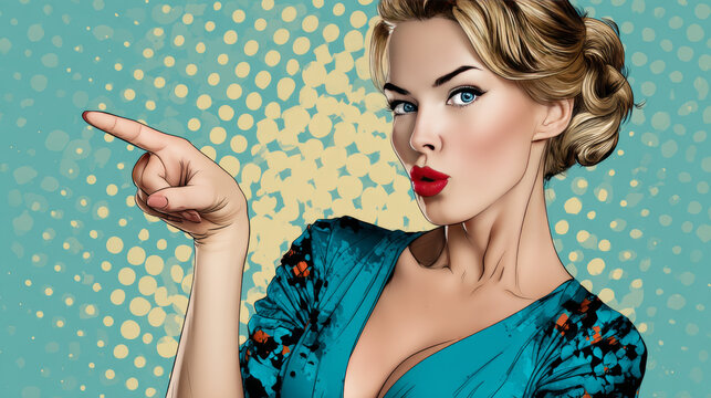 Woman pointing fingers left. Isolated on white background. Pop art retro vector illustration comic cartoon kitsch drawing