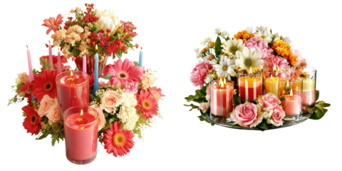 Floral arrangement with candles in vibrant colors and diverse flowers.