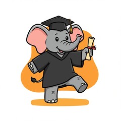 Naklejka premium Cheerful cartoon elephant in graduation cap holding diploma, celebrating achievement in a vibrant background - elephant clipart