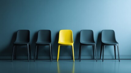Five chairs stand against a blue wall one chair is bright yellow.