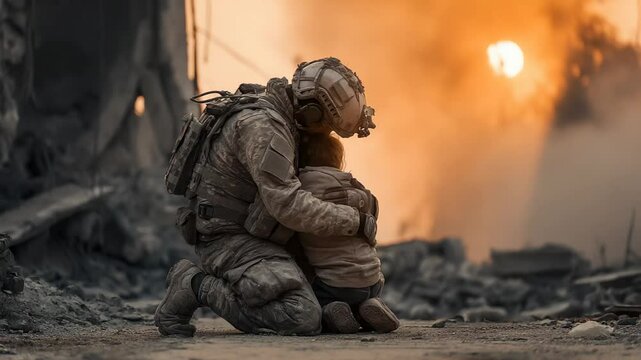 Compassionate soldier and child amidst devastation