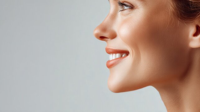 Teeth cosmetic beauty dentist care gum teeth Profile of a smiling woman with a neutral background.